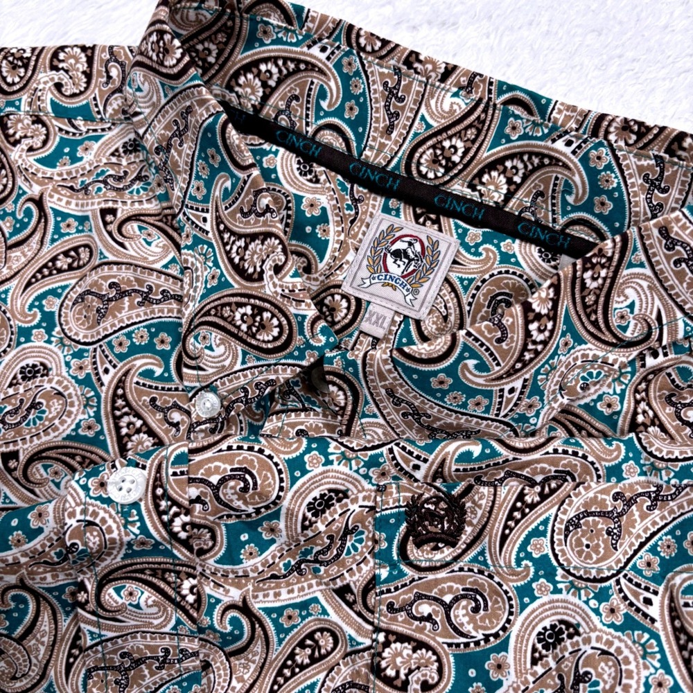 Cinch Western Shirt Mens XXL Teal Tan Brown Paisley Western Rodeo Long Slv NICE